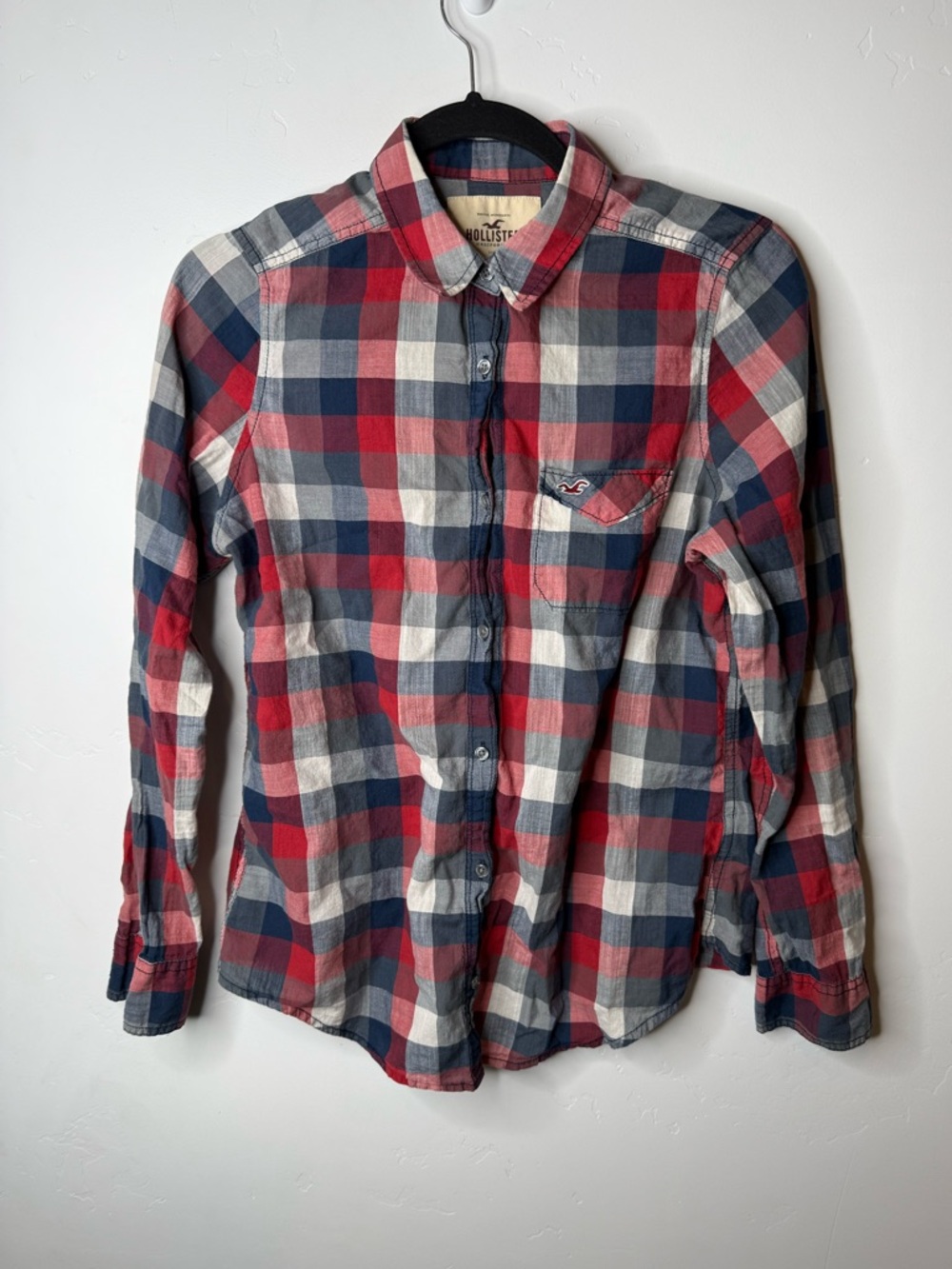 Hollister Y2K Plaid Button Down Shirt Red Blue Cotton Womens Large Casual
